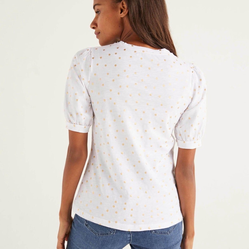 BODEN Zoe Gathered Sleeve Jersey Tee White/Gold Polka Dot Puffed Sleeve Size 2
